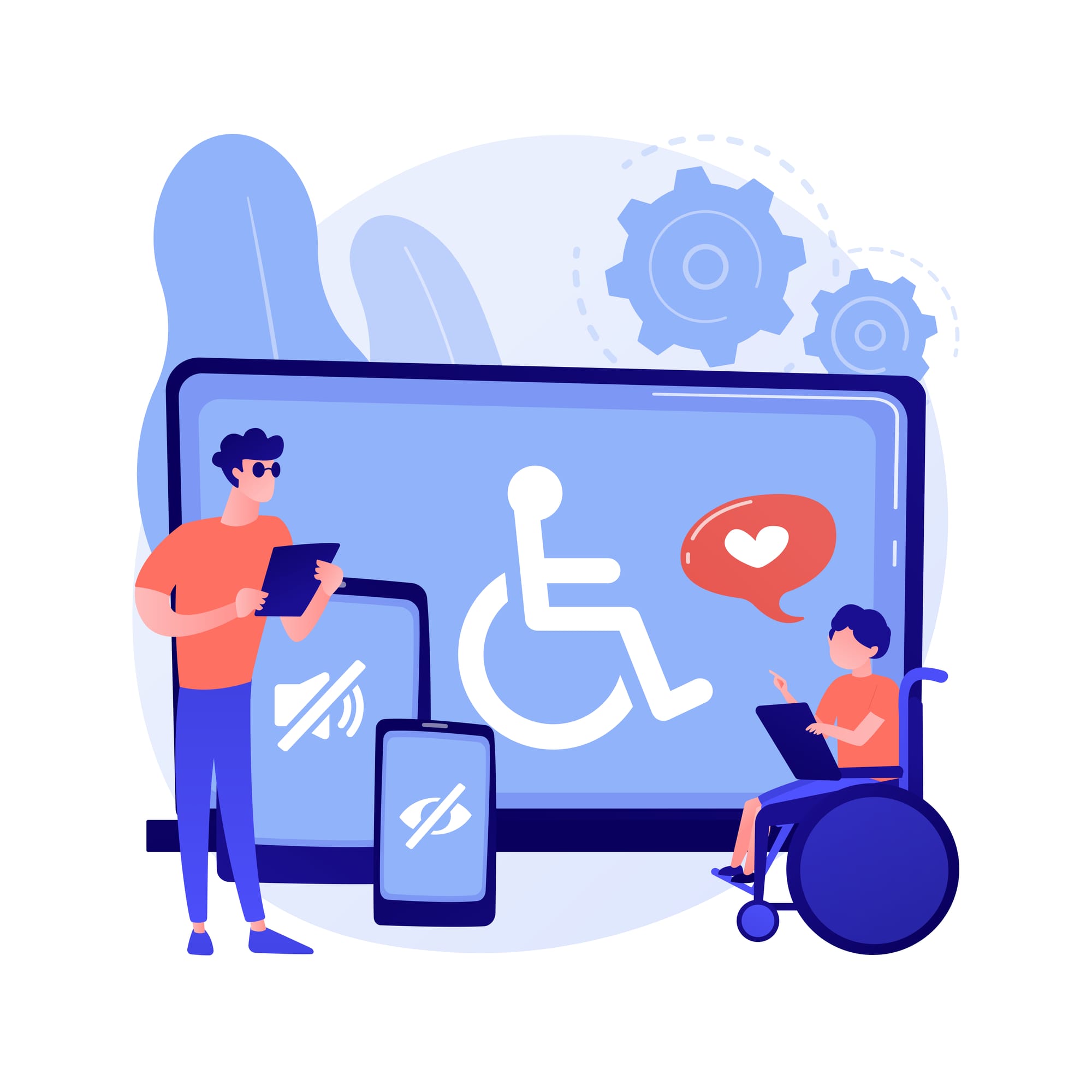 Graphics representing two people using tablets, one in a wheelchair expressing love with an emoji, with devices and gears in the background
