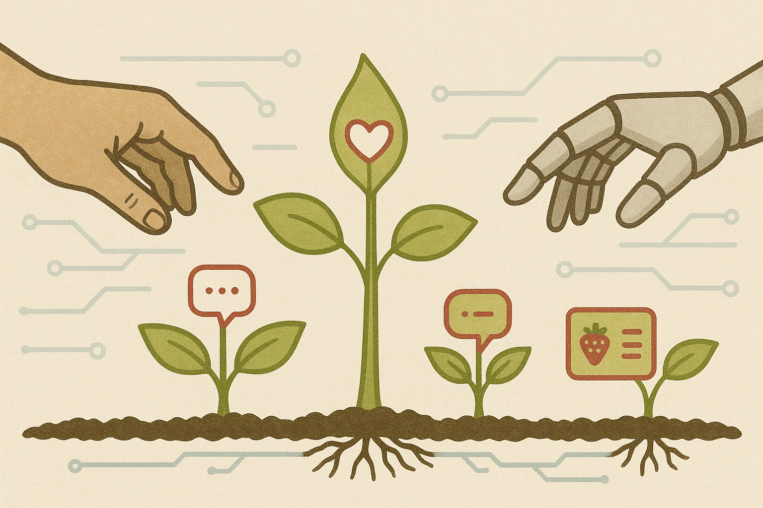 A 2D design of two hands, one human and one mechanical, reaching for a green plant sprouting
