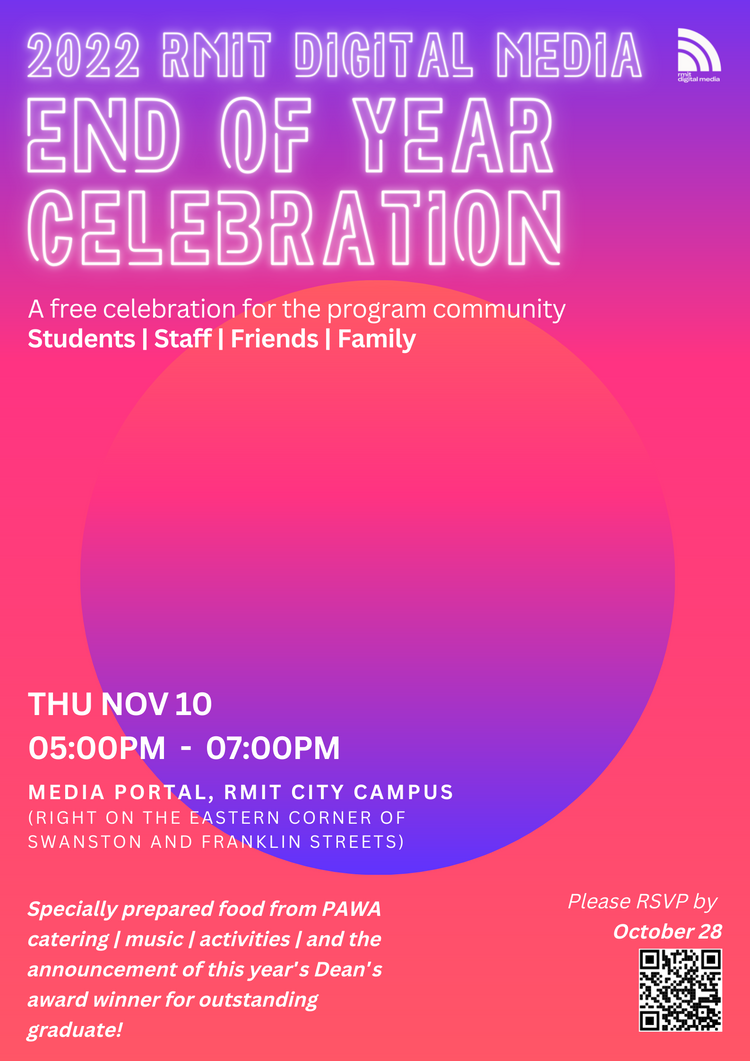 Digital poster featuring event details and a design using colour gradients and neon-like type